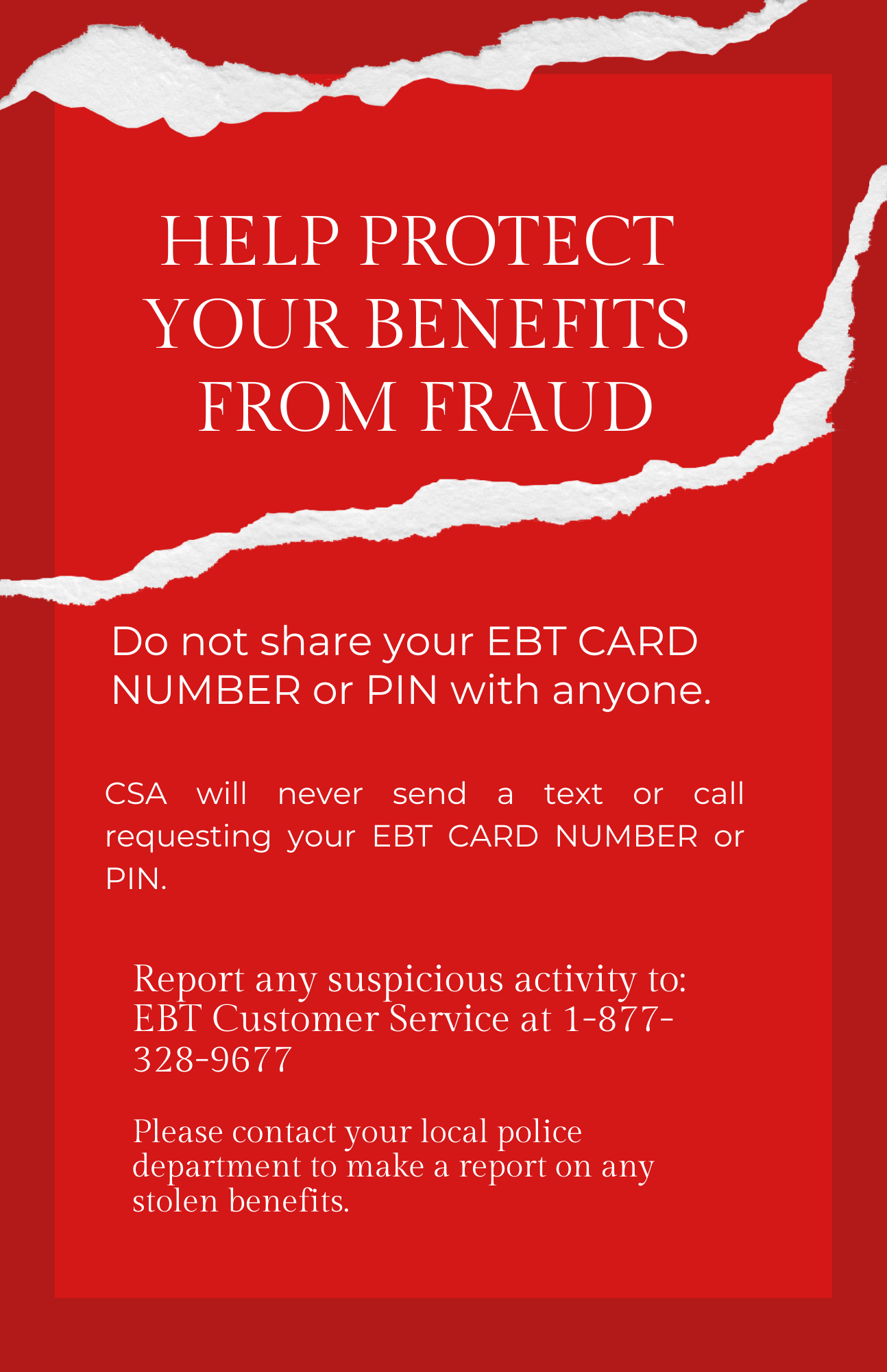 EBT Fraud Alert: Do not share your EBT card number or PIN with anyone