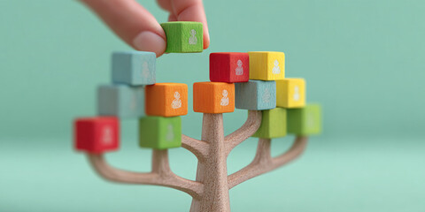 hand putting a wooden cube on a wooden tree with cubes for leaves