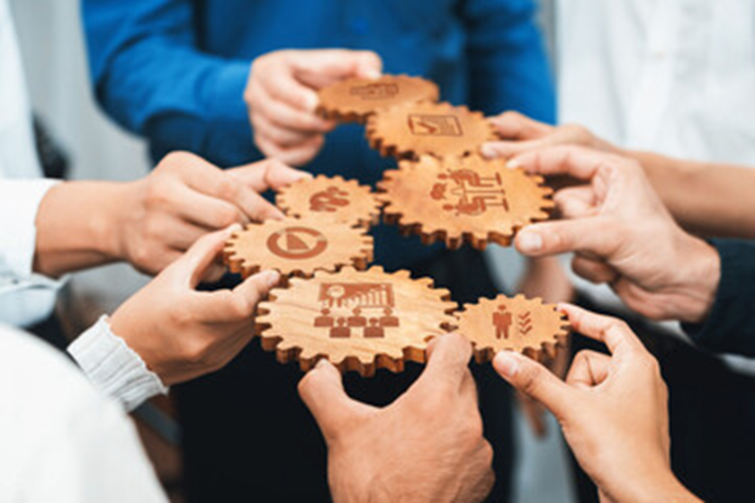 hands holding up wooden gear system