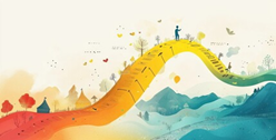 blue figure on a rainbow colored path