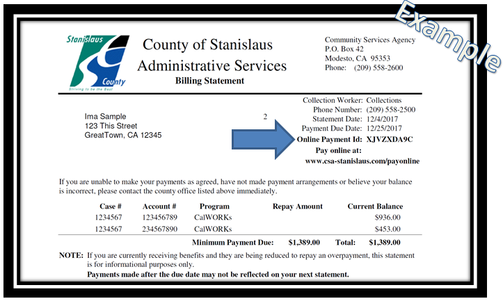 example billing statement with arrow pointing to online payment id